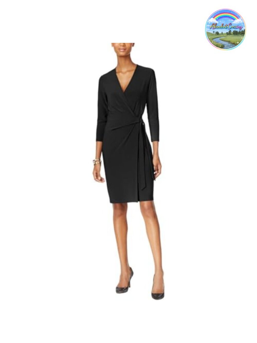 Anne Klein Faux Wrap Dress with Three-Quarter Sleeves, Ruffle Trim, Polyester